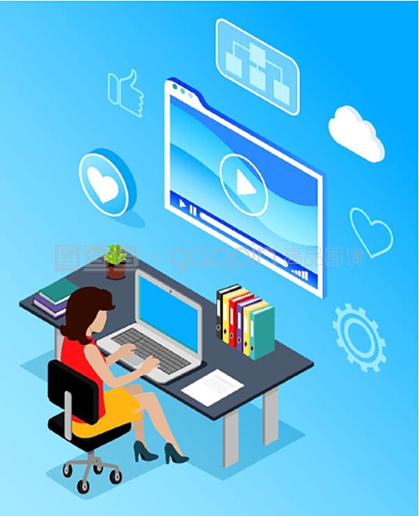 工作場所的商業(yè)網(wǎng)絡(luò)通信。辦公室使用手提電腦無線設(shè)備的女性。藍色的媒體顯示和互聯(lián)網(wǎng)圖標像和云。PC向量的數(shù)字營銷專家。計算機向量的數(shù)字營銷專家